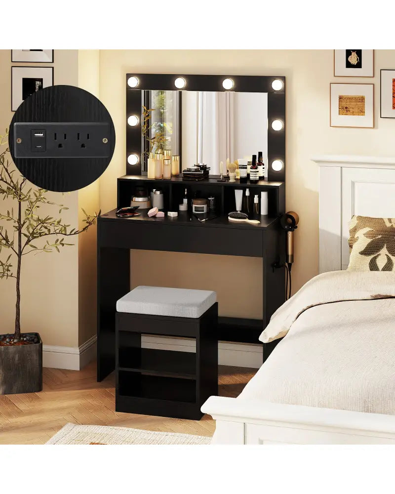 Vanity Table Set with Lighted Mirror and Cushion Stool-Black - Black - Makeup Vanities