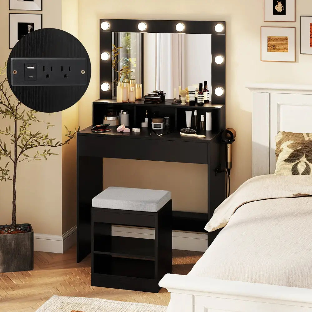 Vanity Table Set with Lighted Mirror and Cushion Stool-Black - Black - Makeup Vanities