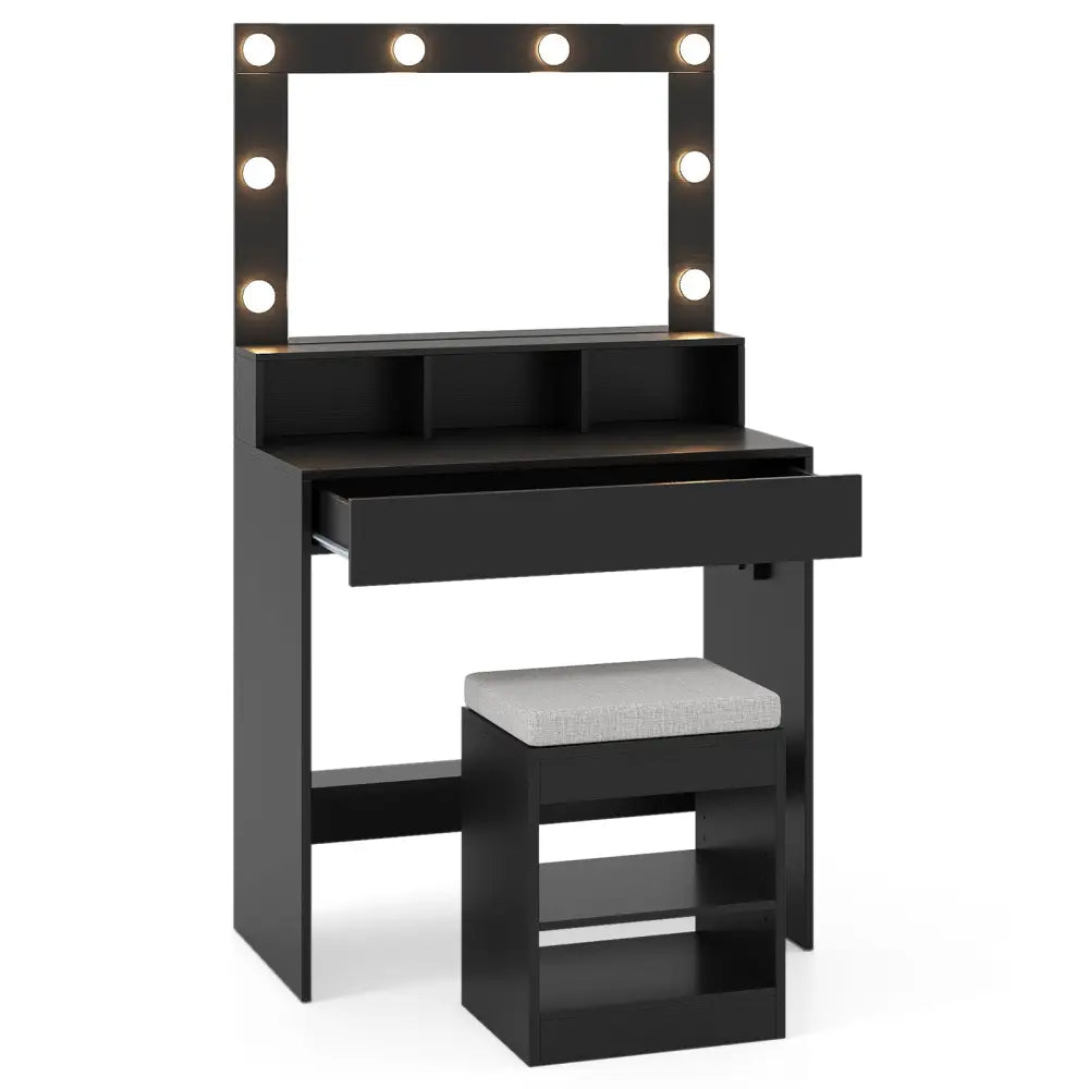 Vanity Table Set with Lighted Mirror and Cushion Stool-Black - Black - Makeup Vanities