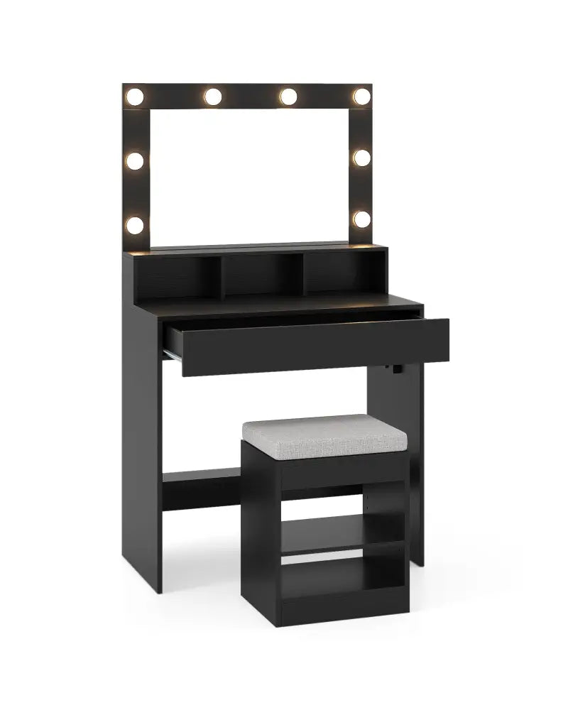 Vanity Table Set with Lighted Mirror and Cushion Stool-Black - Black - Makeup Vanities