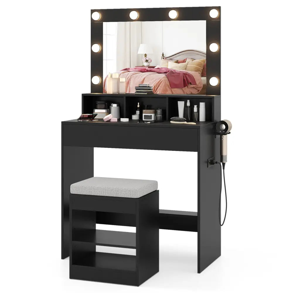 Vanity Table Set with Lighted Mirror and Cushion Stool-Black - Black - Makeup Vanities