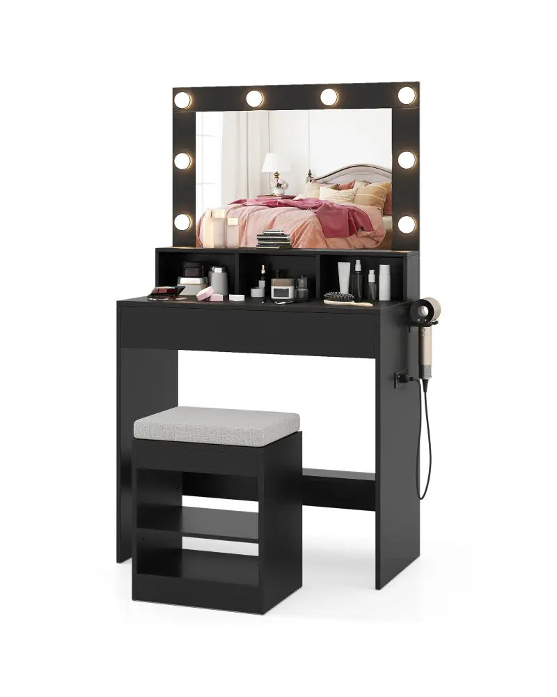 Vanity Table Set with Lighted Mirror and Cushion Stool-Black - Black - Makeup Vanities