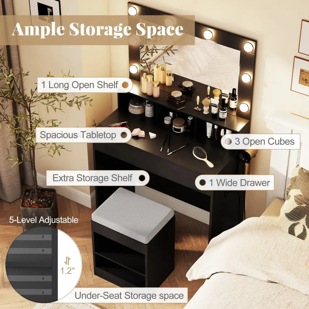 Vanity Table Set with Lighted Mirror and Cushion Stool-Black - Black - Makeup Vanities