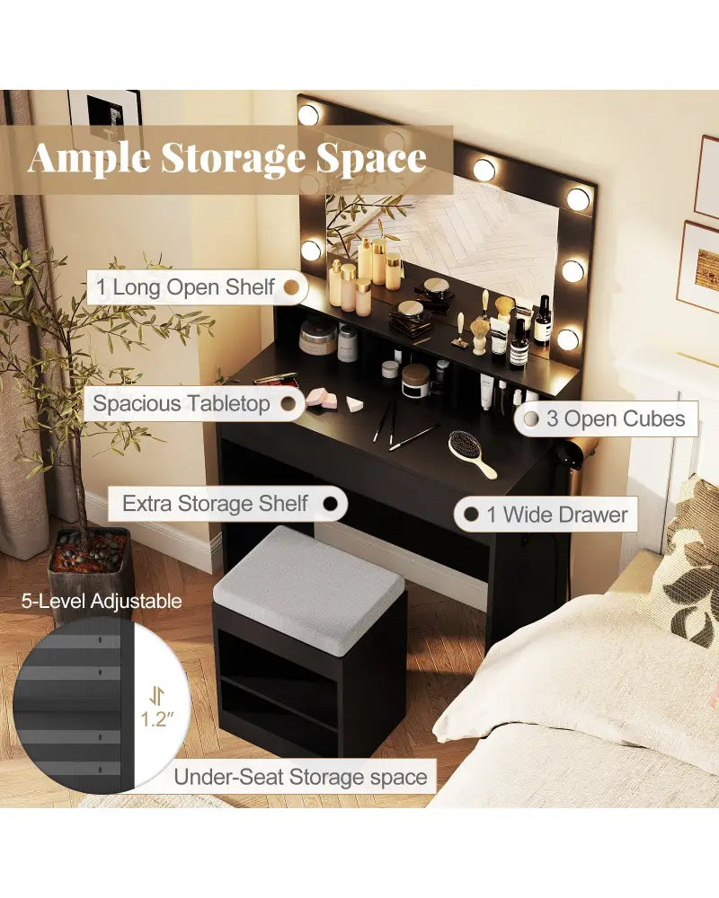 Vanity Table Set with Lighted Mirror and Cushion Stool-Black - Black - Makeup Vanities