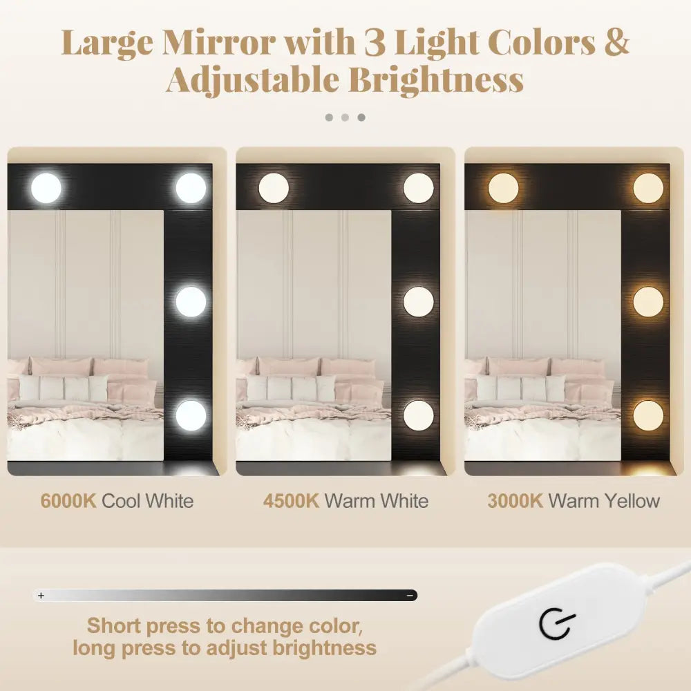 Vanity Table Set with Lighted Mirror and Cushion Stool-Black - Black - Makeup Vanities