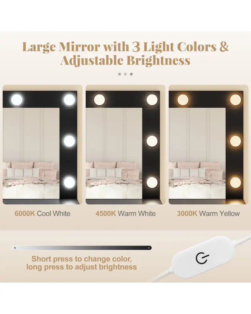 Vanity Table Set with Lighted Mirror and Cushion Stool-Black - Black - Makeup Vanities