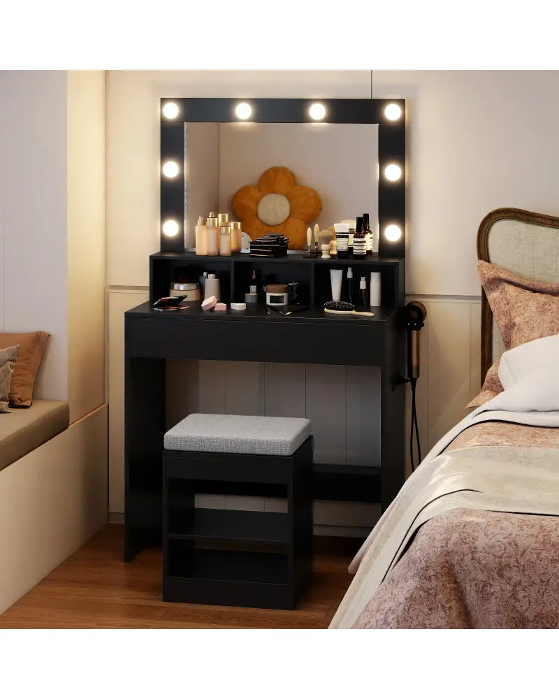 Vanity Table Set with Lighted Mirror and Cushion Stool-Black - Black - Makeup Vanities