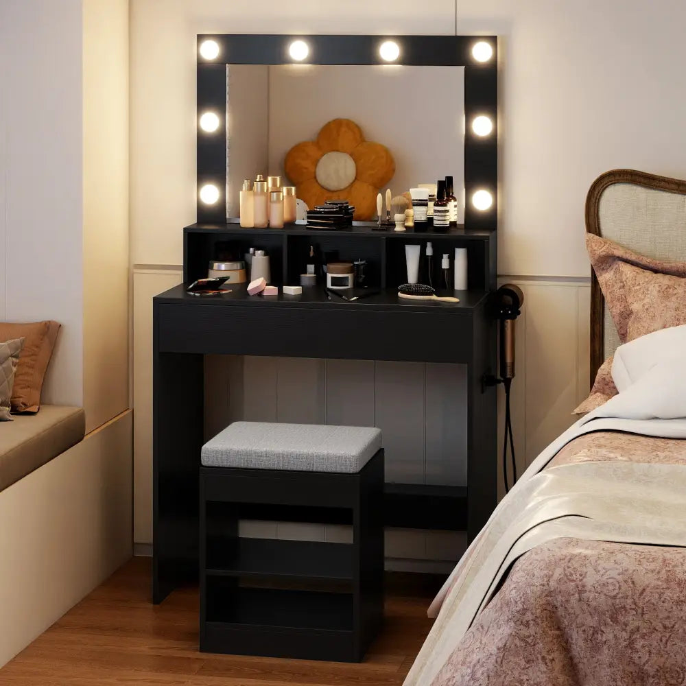 Vanity Table Set with Lighted Mirror and Cushion Stool-Black - Black - Makeup Vanities