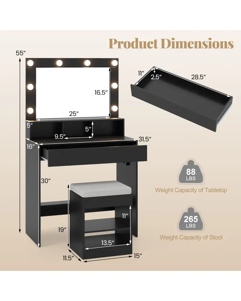Vanity Table Set with Lighted Mirror and Cushion Stool-Black - Black - Makeup Vanities