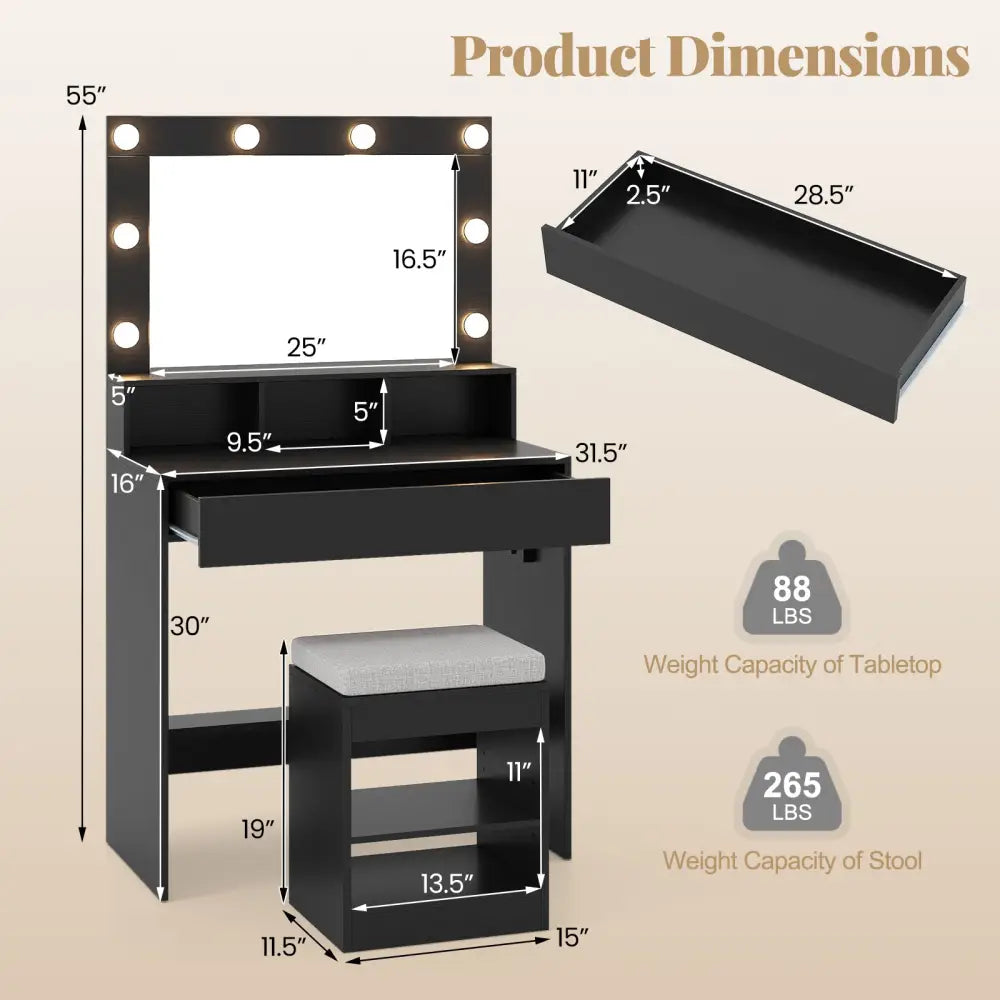 Vanity Table Set with Lighted Mirror and Cushion Stool-Black - Black - Makeup Vanities