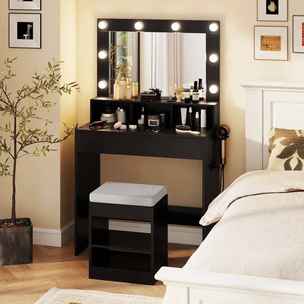 Vanity Table Set with Lighted Mirror and Cushion Stool-Black - Black - Makeup Vanities