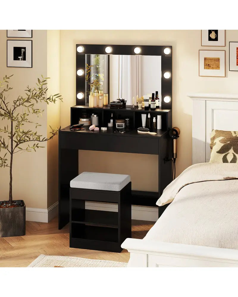 Vanity Table Set with Lighted Mirror and Cushion Stool-Black - Black - Makeup Vanities