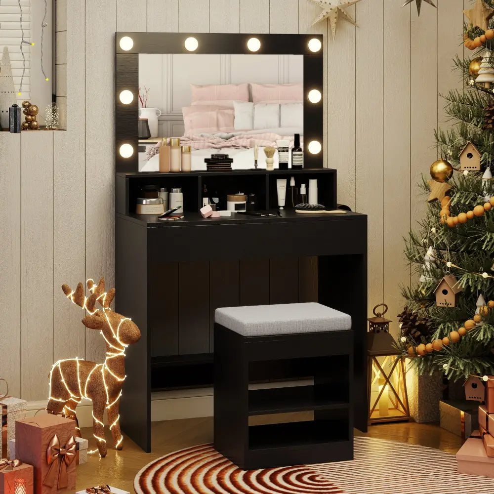 Vanity Table Set with Lighted Mirror and Cushion Stool-Black - Black - Makeup Vanities