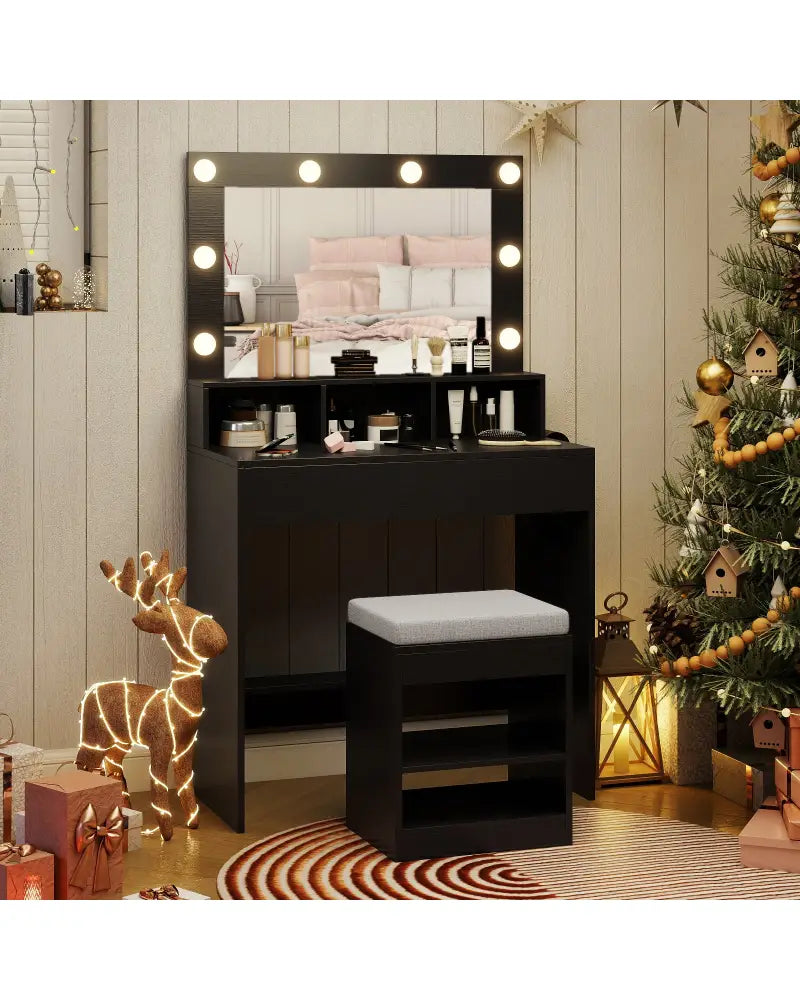Vanity Table Set with Lighted Mirror and Cushion Stool-Black - Black - Makeup Vanities