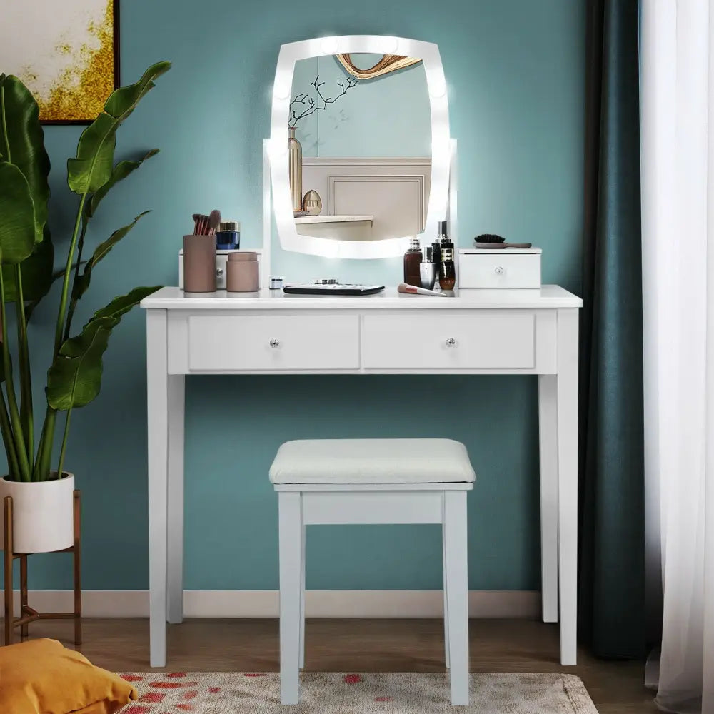 Vanity Table Set with Lighted Mirror for Bedroom and Dressing Room-White - White - Makeup Vanities