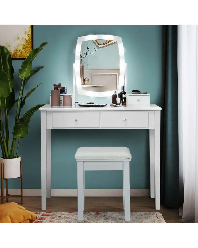 Vanity Table Set with Lighted Mirror for Bedroom and Dressing Room-White - White - Makeup Vanities