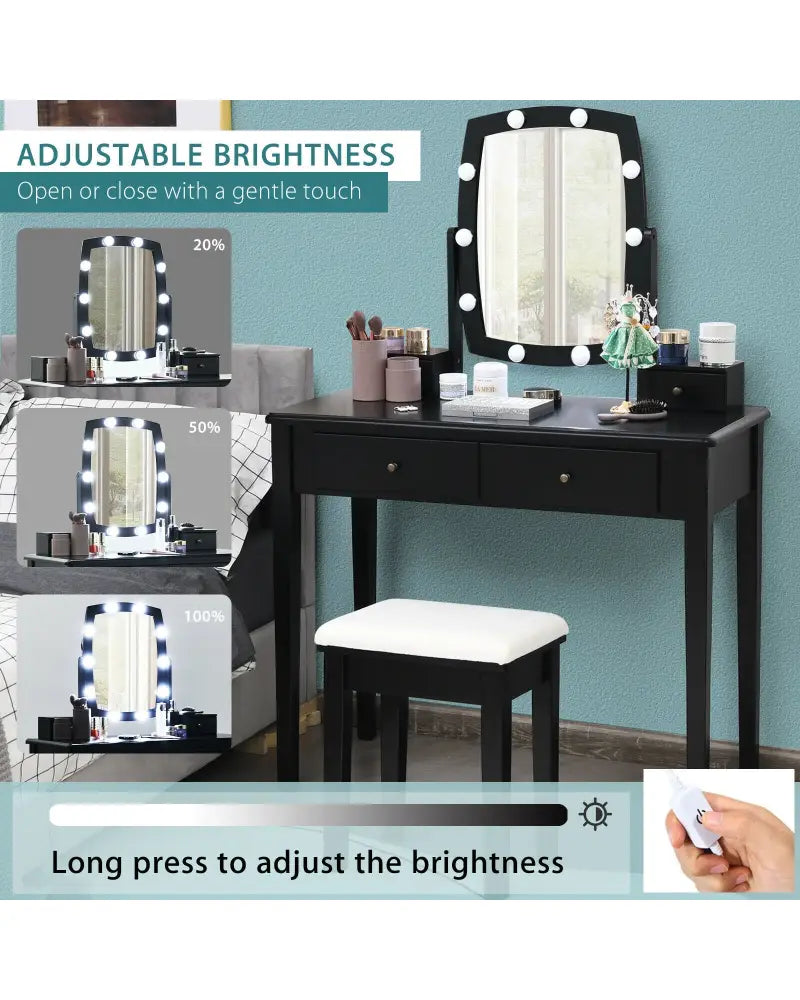 Vanity Table Set with Lighted Mirror for Bedroom and Dressing Room-Black - Black - Makeup Vanities