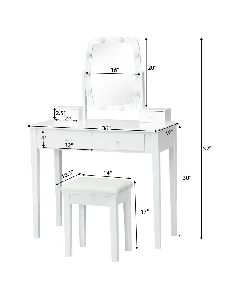 Vanity Table Set with Lighted Mirror for Bedroom and Dressing Room-White - White - Makeup Vanities