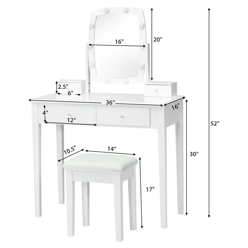 Vanity Table Set with Lighted Mirror for Bedroom and Dressing Room-White - White - Makeup Vanities