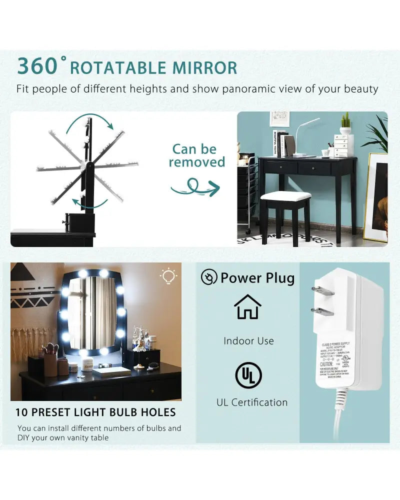 Vanity Table Set with Lighted Mirror for Bedroom and Dressing Room-Black - Black - Makeup Vanities