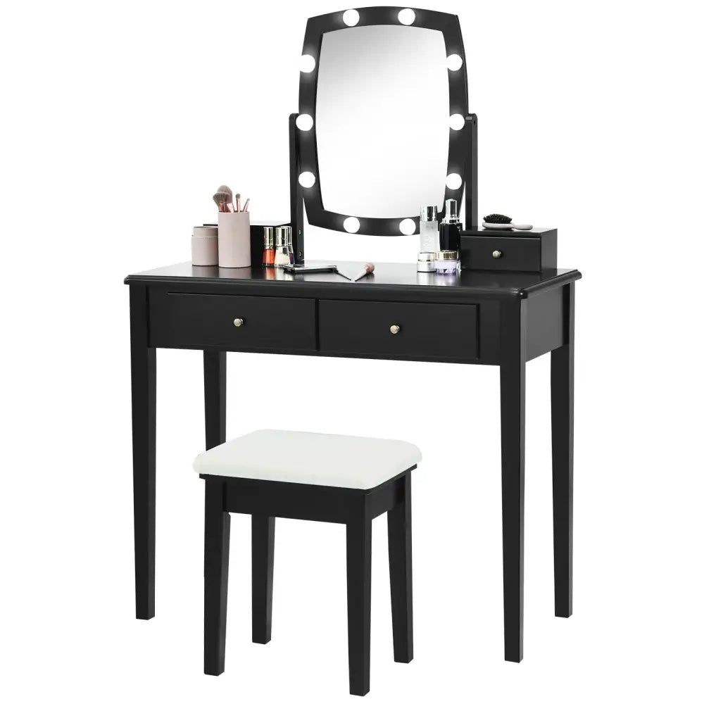 Vanity Table Set with Lighted Mirror for Bedroom and Dressing Room-Black - Black - Makeup Vanities