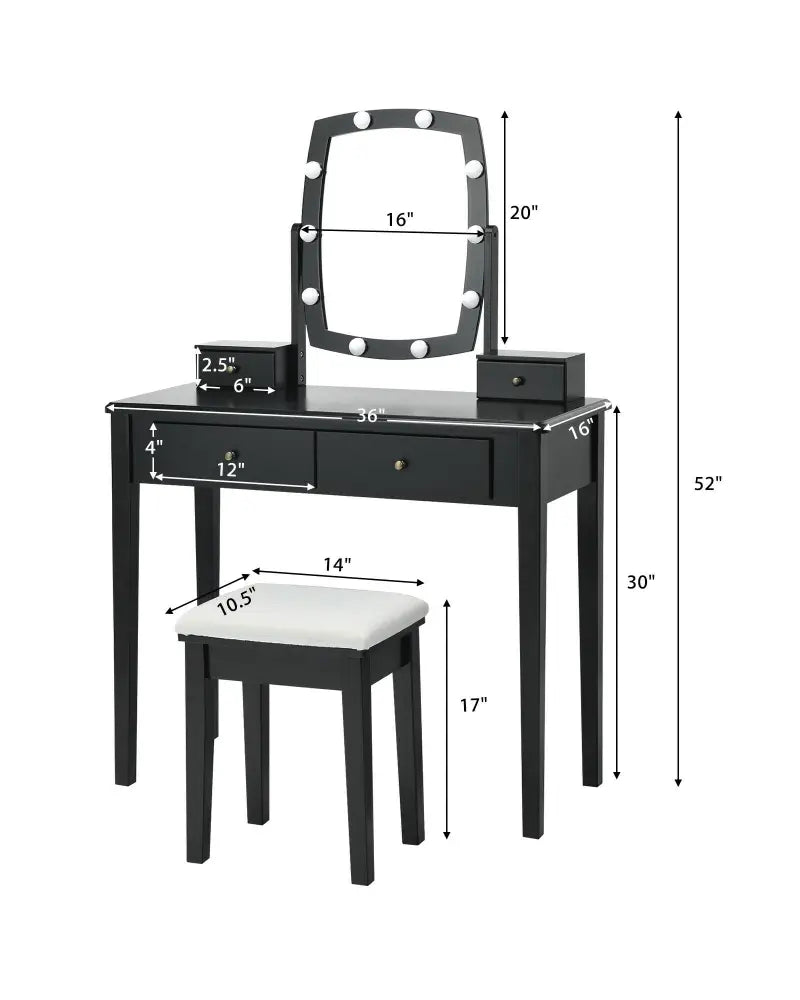 Vanity Table Set with Lighted Mirror for Bedroom and Dressing Room-Black - Black - Makeup Vanities