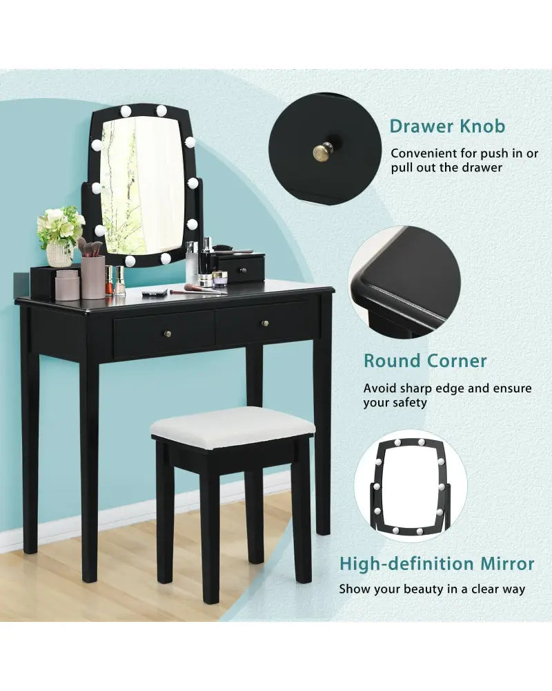 Vanity Table Set with Lighted Mirror for Bedroom and Dressing Room-Black - Black - Makeup Vanities