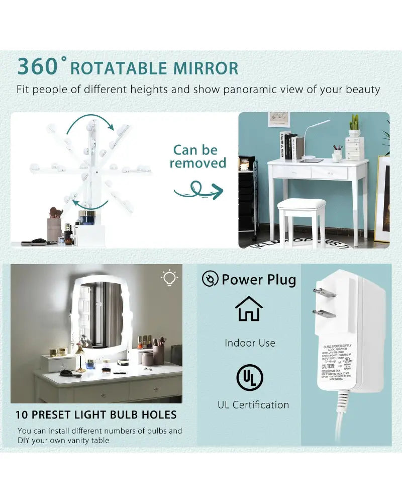 Vanity Table Set with Lighted Mirror for Bedroom and Dressing Room-White - White - Makeup Vanities