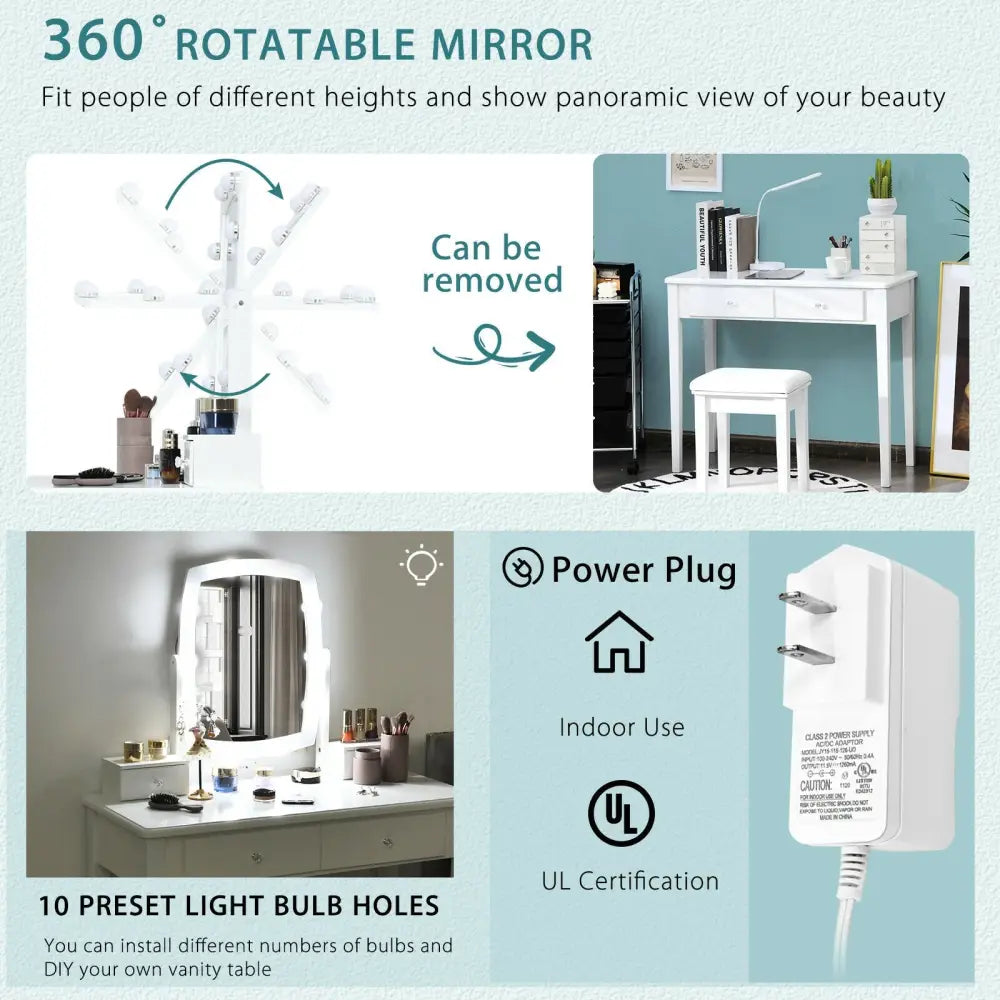 Vanity Table Set with Lighted Mirror for Bedroom and Dressing Room-White - White - Makeup Vanities