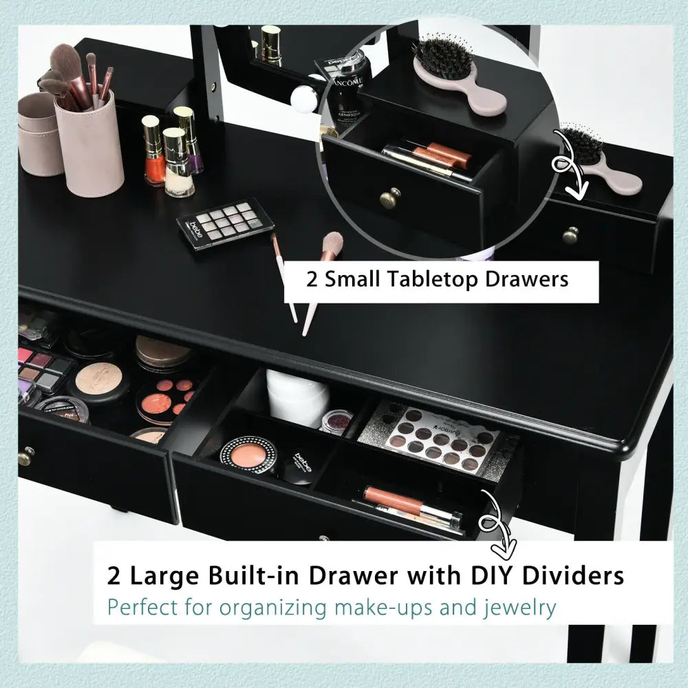 Vanity Table Set with Lighted Mirror for Bedroom and Dressing Room-Black - Black - Makeup Vanities