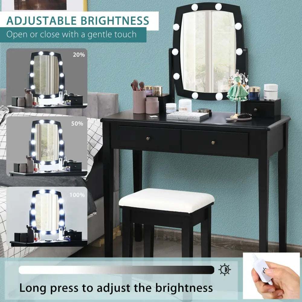 Vanity Table Set with Lighted Mirror for Bedroom and Dressing Room-Black - Black - Makeup Vanities