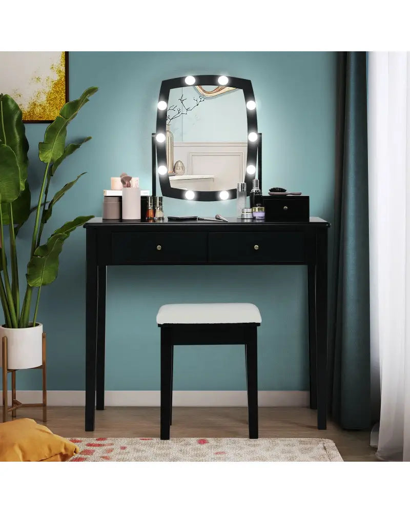 Vanity Table Set with Lighted Mirror for Bedroom and Dressing Room-Black - Black - Makeup Vanities