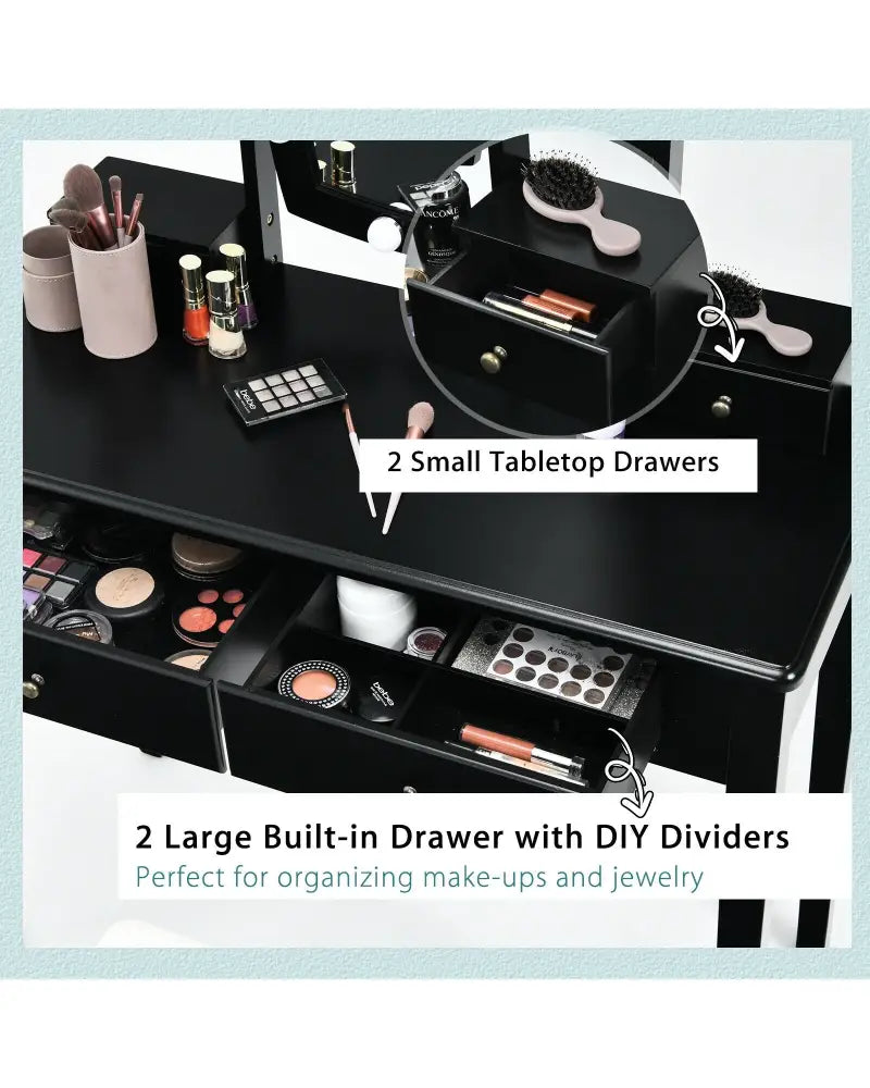 Vanity Table Set with Lighted Mirror for Bedroom and Dressing Room-Black - Black - Makeup Vanities