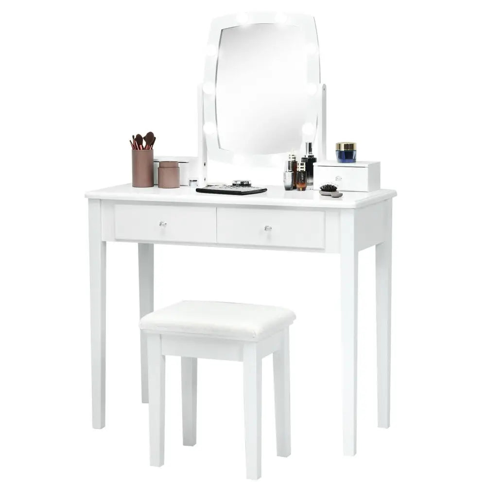 Vanity Table Set with Lighted Mirror for Bedroom and Dressing Room-White - White - Makeup Vanities