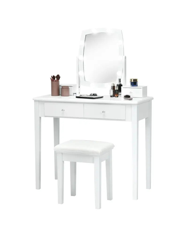 Vanity Table Set with Lighted Mirror for Bedroom and Dressing Room-White - White - Makeup Vanities