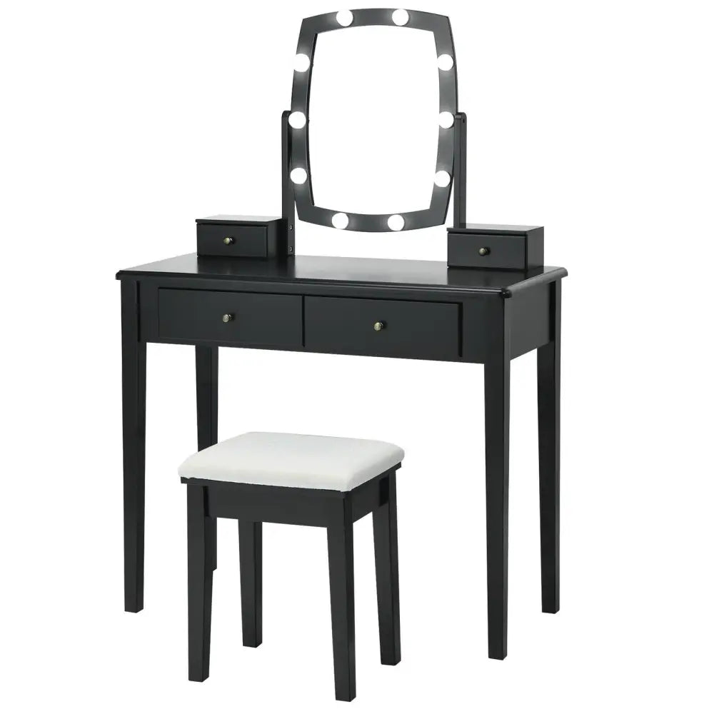 Vanity Table Set with Lighted Mirror for Bedroom and Dressing Room-Black - Black - Makeup Vanities