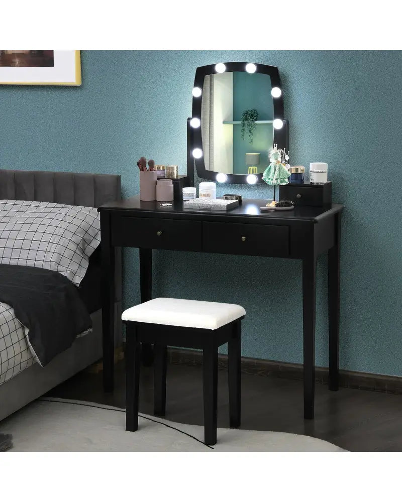 Vanity Table Set with Lighted Mirror for Bedroom and Dressing Room-Black - Black - Makeup Vanities