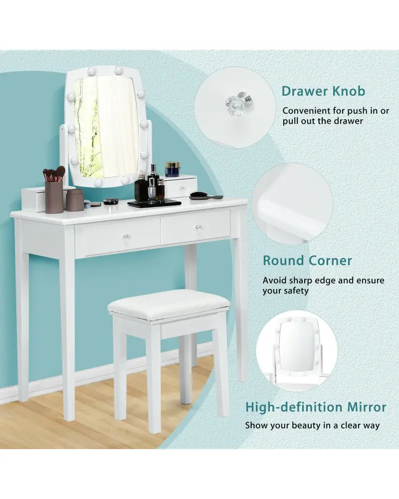 Vanity Table Set with Lighted Mirror for Bedroom and Dressing Room-White - White - Makeup Vanities
