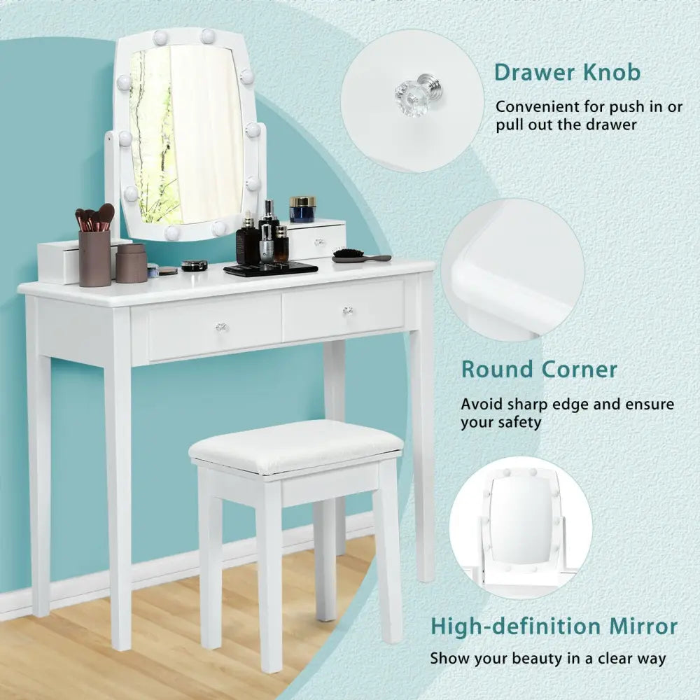 Vanity Table Set with Lighted Mirror for Bedroom and Dressing Room-White - White - Makeup Vanities
