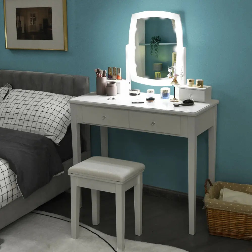 Vanity Table Set with Lighted Mirror for Bedroom and Dressing Room-White - White - Makeup Vanities