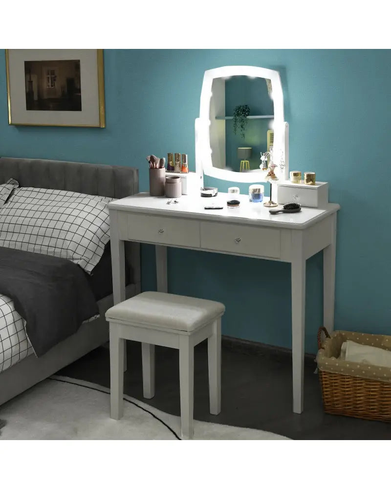 Vanity Table Set with Lighted Mirror for Bedroom and Dressing Room-White - White - Makeup Vanities