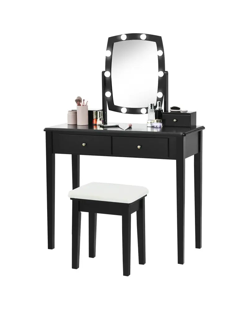 Vanity Table Set with Lighted Mirror for Bedroom and Dressing Room-Black - Black - Makeup Vanities