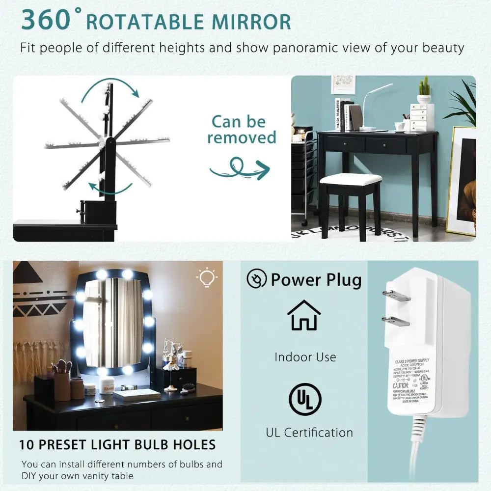Vanity Table Set with Lighted Mirror for Bedroom and Dressing Room-Black - Black - Makeup Vanities