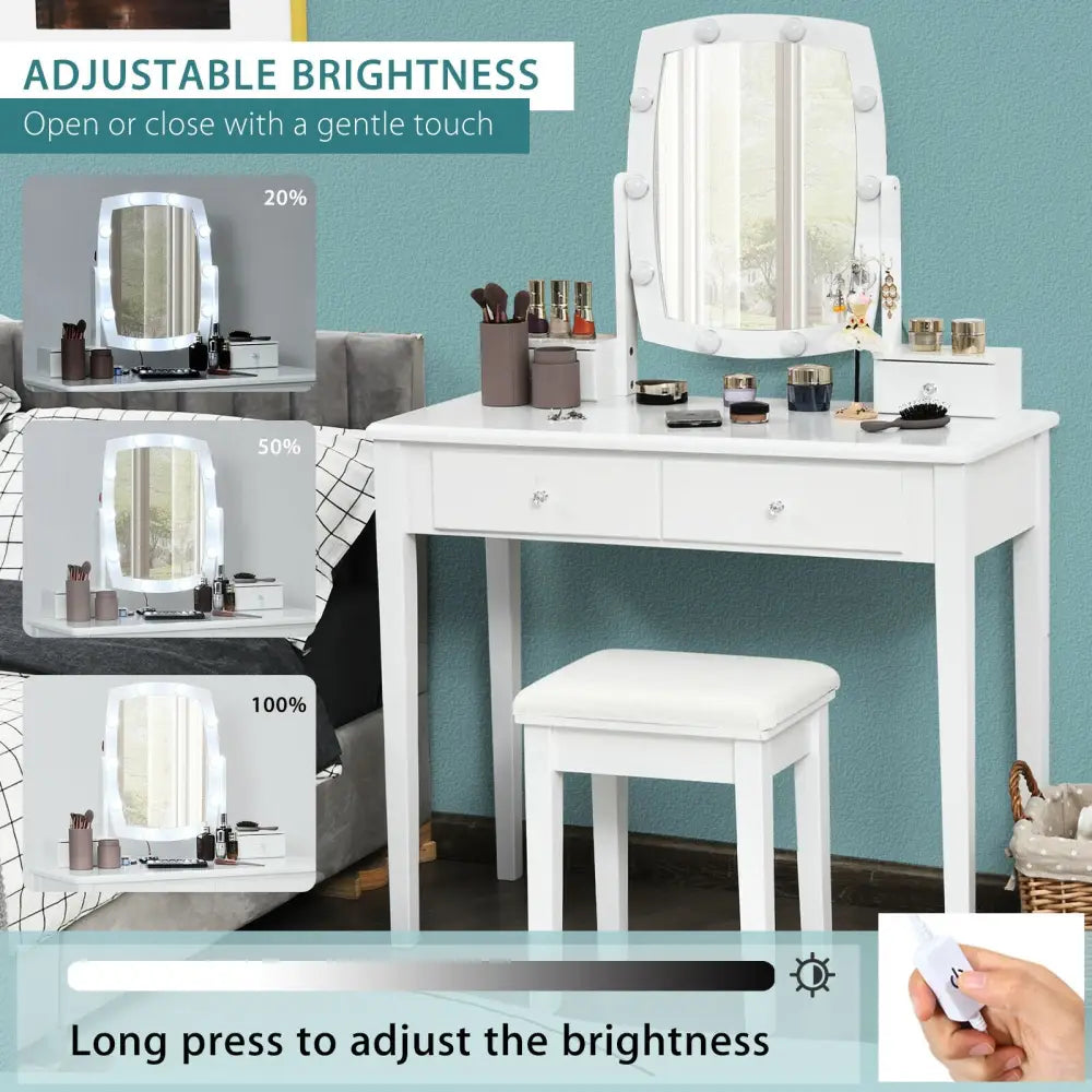 Vanity Table Set with Lighted Mirror for Bedroom and Dressing Room-White - White - Makeup Vanities