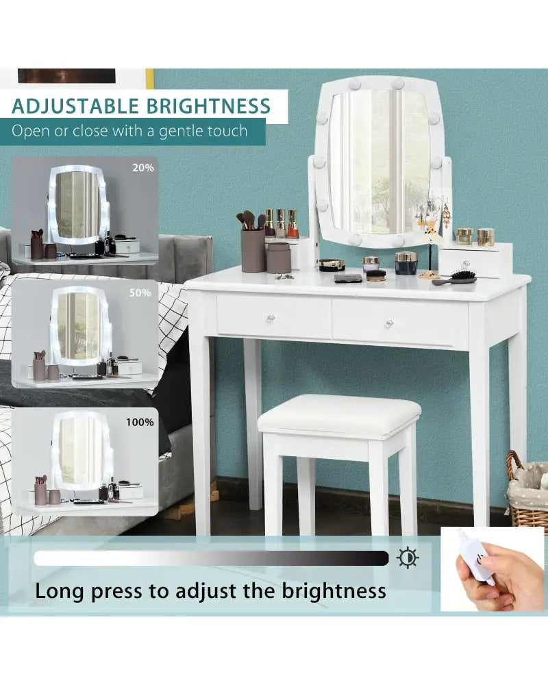 Vanity Table Set with Lighted Mirror for Bedroom and Dressing Room-White - White - Makeup Vanities