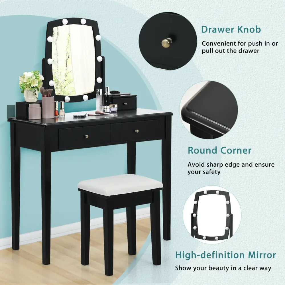 Vanity Table Set with Lighted Mirror for Bedroom and Dressing Room-Black - Black - Makeup Vanities