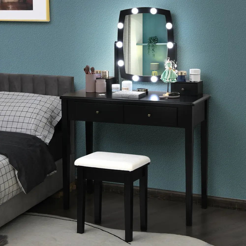 Vanity Table Set with Lighted Mirror for Bedroom and Dressing Room-Black - Black - Makeup Vanities