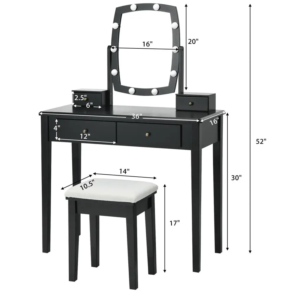 Vanity Table Set with Lighted Mirror for Bedroom and Dressing Room-Black - Black - Makeup Vanities