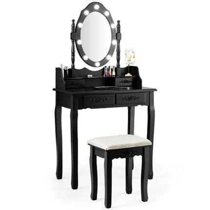 Vanity Table Set with Mirror and Soft Cushioned Stool-Black - Black - Makeup Vanities