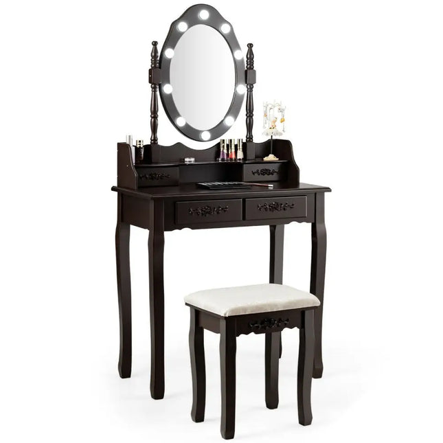 Vanity Table Set with Mirror and Soft Cushioned Stool-Coffee - Coffee - Makeup Vanities